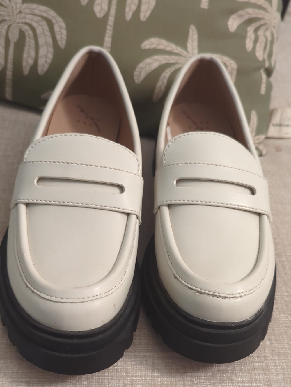 Women's White Leather Penny Loafers with Chunky Black Sole